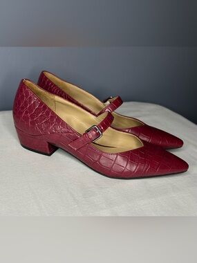 Naturalizer Shoes 7 Burgundy Red Croc Embossed Block Heel Mary Janes Pointed Toe